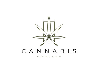 cannabis leaf green line with square logo design