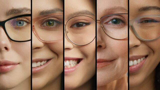 Smiling women of different races ethnicity ages looking at camera with positive face expression. Femininity, authenticity and diversity concept. Close up caucasian asian african american women collage