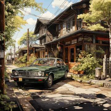 1:1 An illustration painted of a house with a car in the style of neo-traditional japanese.for backgrounds on mobile or computer screens or other printing projects.
