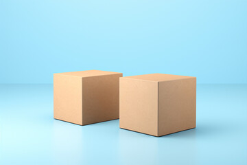 A set of two cardboard boxes one open and one closed against a solid pastel blue background with space on the blank labels for logos or text