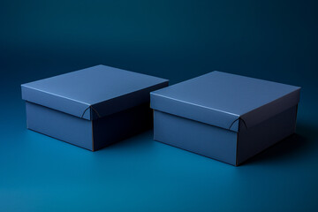 A set of two cardboard boxes one with its lid flipped open and the other lid secure against a solid navy background each with an empty blank label - obrazy, fototapety, plakaty