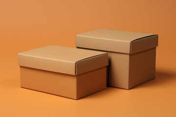 Side-by-side cardboard boxes one with an open flap and the other shut against a solid tan background both offering blank labels for customization