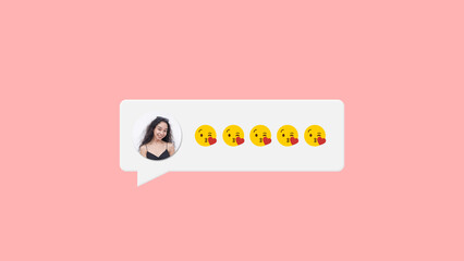 A flirty lady or love interest sends kiss emojis on social media or on a dating app messenger. Chat box concept graphic. - obrazy, fototapety, plakaty
