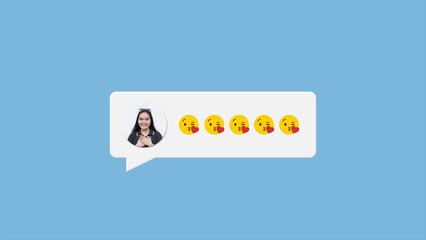 A flirty lady or love interest sends kiss emojis on social media or on a dating app messenger. Chat box concept graphic.