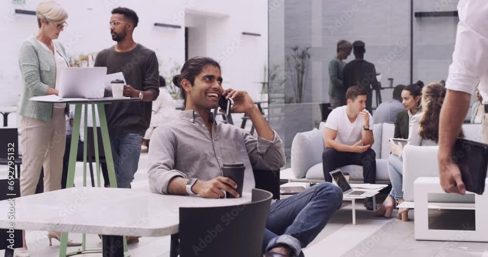 Poster business man, phone call and discussion in office, technology and smile for funny conversation. team