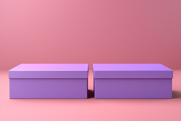 Two cardboard boxes one showing an open lid and the other a closed lid against a solid pastel purple background both with empty blank label spaces