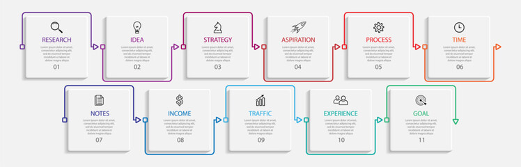 business infographic template. thin line design
with icons, text, number and 11 options or steps.
used for process diagrams, workflow layouts, flowcharts, infographics,  and your presentations