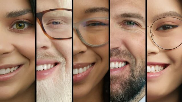 Happy smiling women and men of different races, ethnicity, ages looking at camera with positive face expression. Authenticity, diversity concept. Closeup caucasian, asian, african american humans 4K
