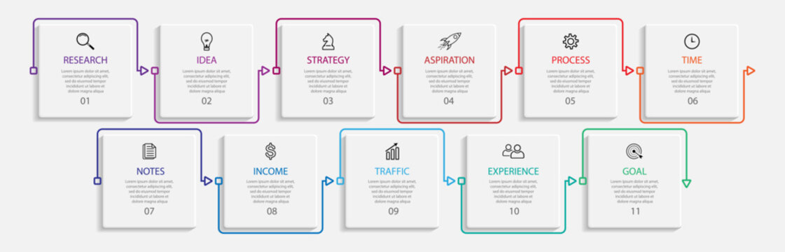 business infographic template. thin line design
with icons, text, number and 11 options or steps.
used for process diagrams, workflow layouts, flowcharts, infographics, and your presentations