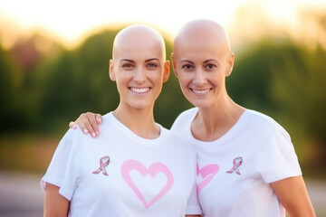 Two woman with cancer hug outdoors