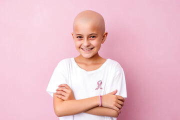 young little girl with cancer without hair smiling on pink background. Cancer day concept