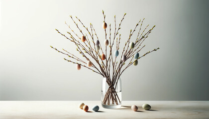 Colorful Easter Eggs on Branches in Glass Vase, Easter concept, serenity - 692797356