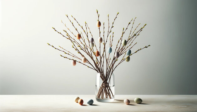 Colorful Easter Eggs on Branches in Glass Vase, Easter concept, serenity