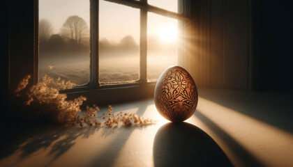 Carved Egg in Sunlit Window Overlooking Frosty Dawn, Easter concept, serenity - 692797500