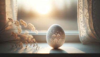 Carved Egg in Sunlit Window Overlooking Frosty Dawn, Easter concept, serenity - 692797512