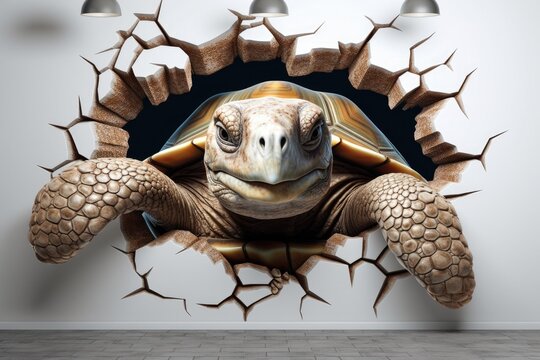 Cute turtle peeking out of a hole in wall for mockup. Generative AI