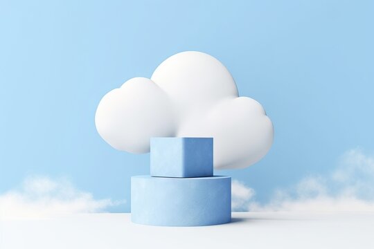 background abstract stand splay product clouds soft sky blue photo montage isolate mock render 3D podium dais blank racked empty threedimensional scene presentation minimal stage platform light