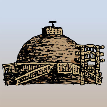 The little Stupa No. 3 at Sanchi, Madhya Pradesh. Ancient Buddhist monument in India. Hand drawn colorful sketch.