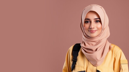 Hijab woman in firefighter uniform smile isolated on pastel background