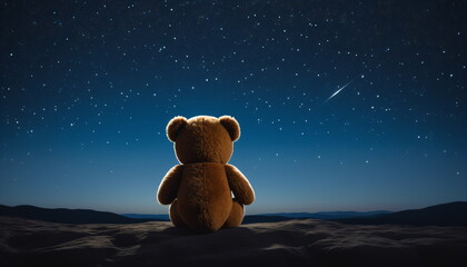 Lonely Teddy: A Plush Companion Under the Starlit Sky - obrazy, fototapety, plakaty