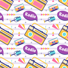 Radio Seamless Pattern Illustration Design with Player for Record and Listening to Music in Flat Cartoon Template