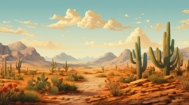 drought semi arid desert illustration cactus camel, mirage dune, barren sun drought semi arid desert