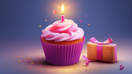 Celebration-ready birthday cupcake adorned with a glowing candle and a charming gift box, capturing the essence of joyous festivities