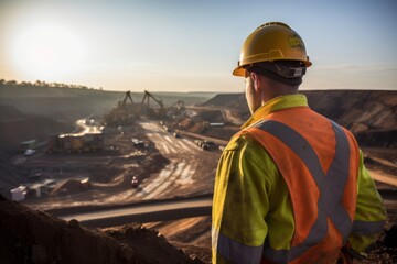 Rear view of a worker in high-visibility gear overlooking a mining operation at dusk.