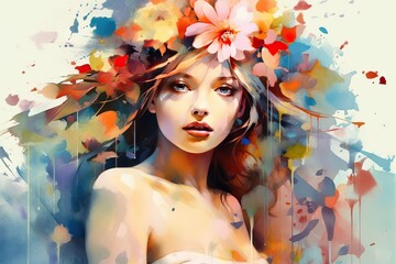 art  generated illustration creative Colorful spattered drips smudge Painting flowers woman Beautiful flower fashion elegance abstract silhouette female people paint drip ink