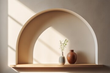 Minimalistic shelf design in an arch niche with various decorative items.