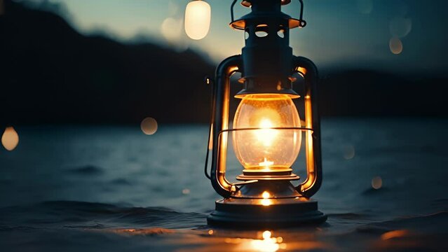 Closeup of a lantern bobbing up and down on gentle waves, its flickering light dancing in the darkness.