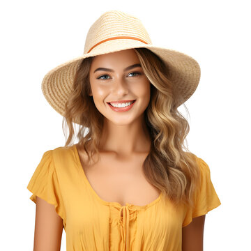 Happy young Woman wearing straw hat and summer tourist outfit  isolated on transparent background Generative AI	