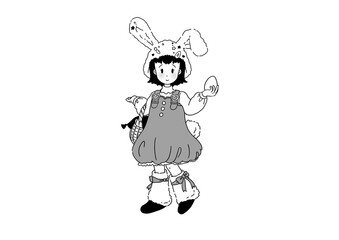 イースターでエッグハントするウサギの帽子をかぶった女の子の全身白黒イラスト
