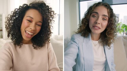 Two young women on split screen speaking on video call. Curly girls waving hand hello using smartphone talking to front camera on mobile phone online. Webcam view selfie call communicating with friend