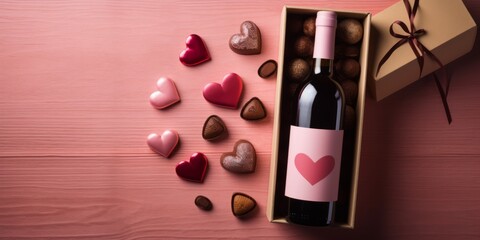 Valentine's Day setup with a bottle of wine, gift boxes, a box of chocolates, and heart decorations on a pink background.