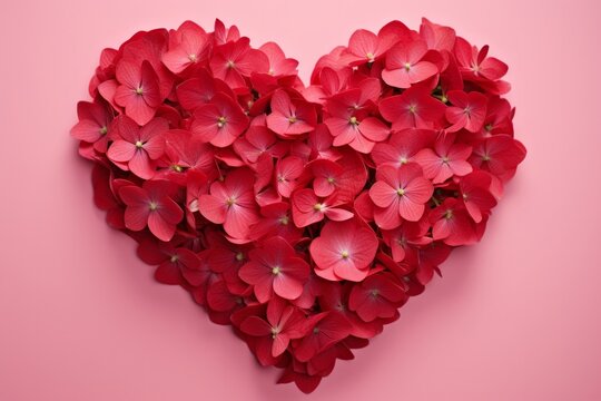 Heart-shaped arrangement of red hydrangea flowers on a pink background.