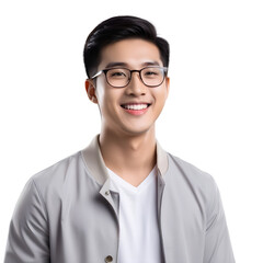 Asian male student smiling happily on PNG transparent background. Study success concept.