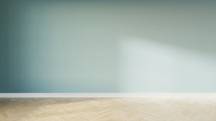 Empty wall and wooden floor with daylight glare. Interior background for the presentation