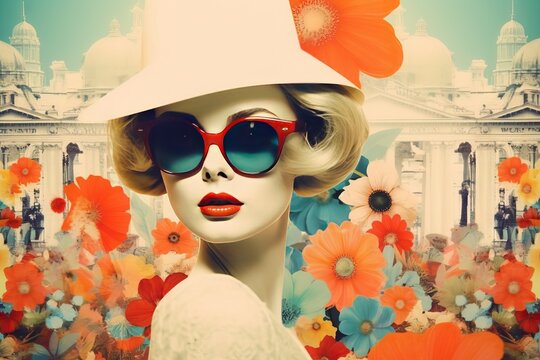 collage retro 60s flowers colorful sunglasses woman fashion Beautiful spring flower travel french vacation paris poster girl urban city collage pink vintage france make red lips face dress happy