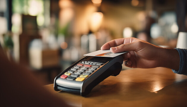 Close up view at hand hold credit card, touch a credit card reader on the counter inside the coffee shop. Cashless payment concept.