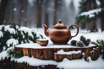 A rustic teapot and teacup placed on a snow-covered tree stump, surrounded by winter foliage and a light dusting of snow - Powered by Adobe