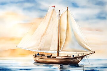 Sailing boat, hand painted watercolor illustration