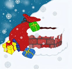 Christmas illustration- chimney, bag of toys and various gifts out of the bag spread across the snow-filled roof