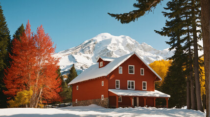 Red Cabin against Snowy Mountain Backdrop