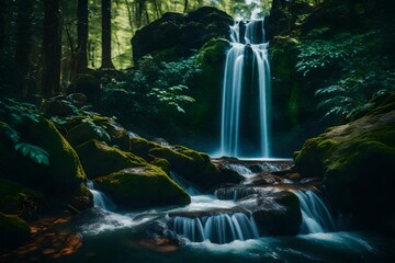  A vibrant acrylic representation of a cascading waterfall in a dense forest, capturing the movement and energy of the flowing water - obrazy, fototapety, plakaty