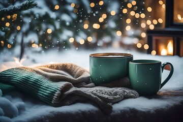 A serene winter morning with a teacup placed on a wooden railing, overlooking a snowy landscape and distant mountains - obrazy, fototapety, plakaty