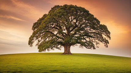 Obraz premium Solitary Tree on a Hill at Sunset