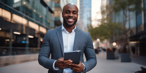 Portrait of a smiling african american businessman holding tablet computer standing on the outdoor street front of business office building - obrazy, fototapety, plakaty