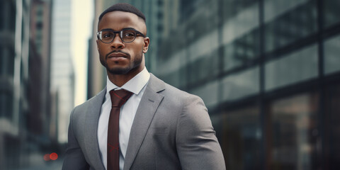 Obraz premium Portrait of a smiling african american businessman standing on the outdoor street front of business office building