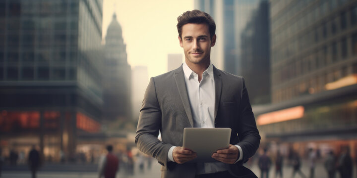 Portrait Of A Smiling Businessman Holding Tablet Computer Standing On The Outdoor Street Front Of Business Office Building City